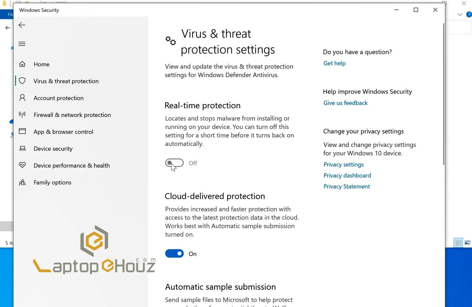 Tắt real-time protection trên windows security